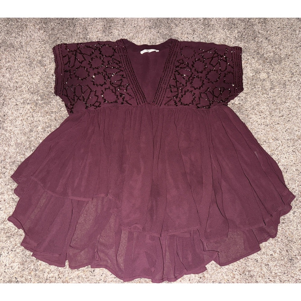 Hazel Top Embellished Beaded Baby Doll Style Burgandy Small